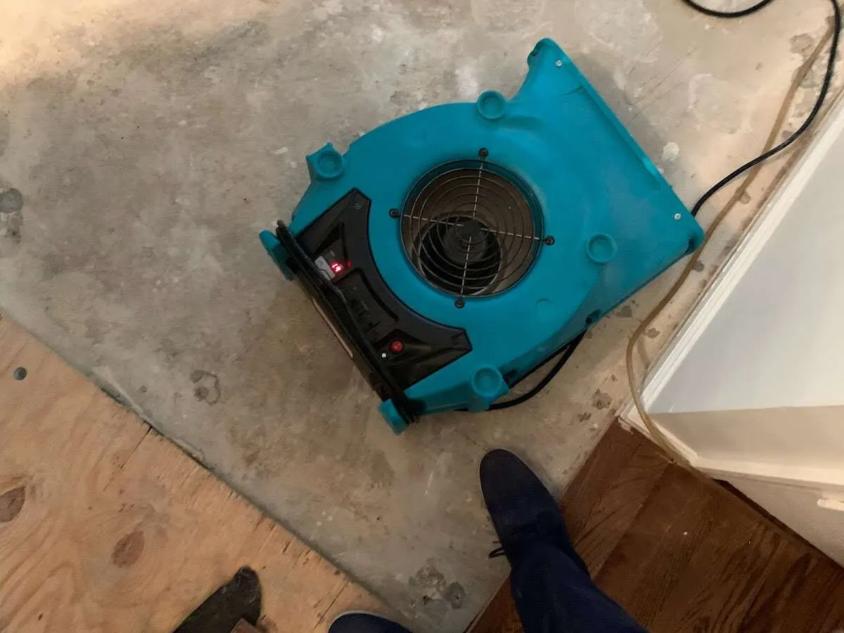 Air mover drying subfloor during Leak Detection & Repair in Portsmouth